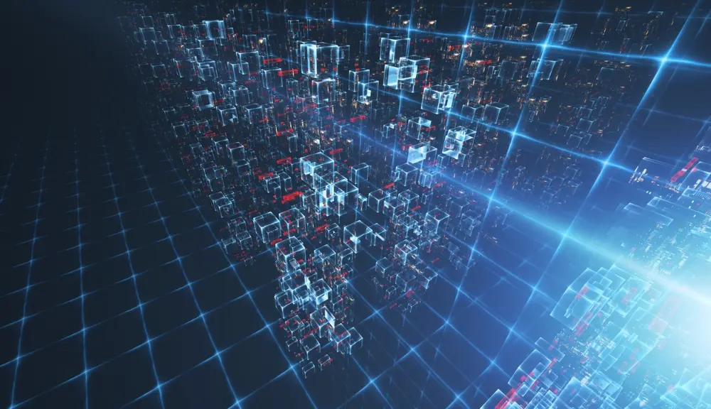Digital network with glowing blue and red cubes.