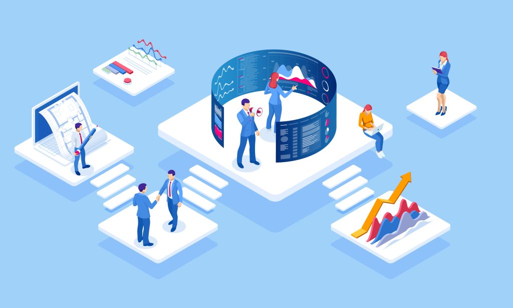 How Self-Service Analytics Works Self-service analytics workflow connecting data pipelines, governance, and business intelligence dashboards