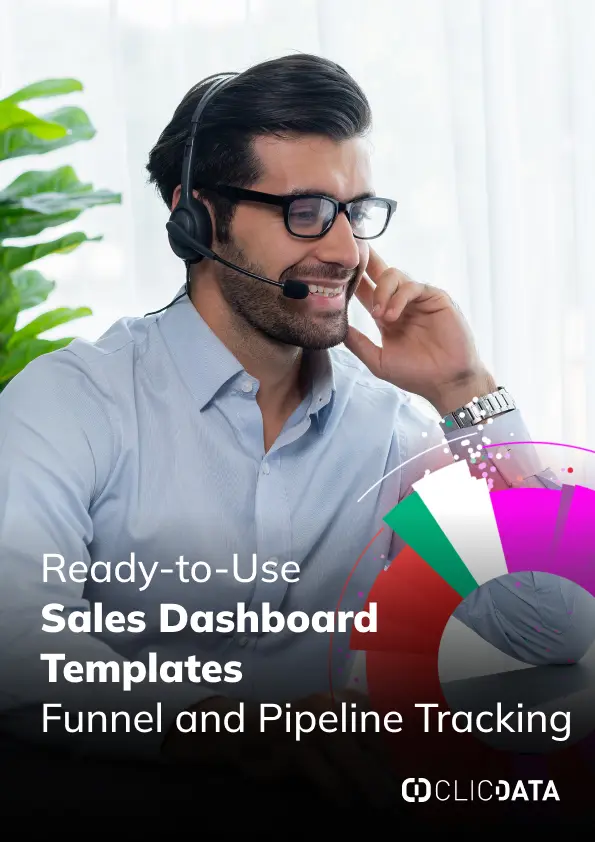 Man using headset with sales dashboard graphic.