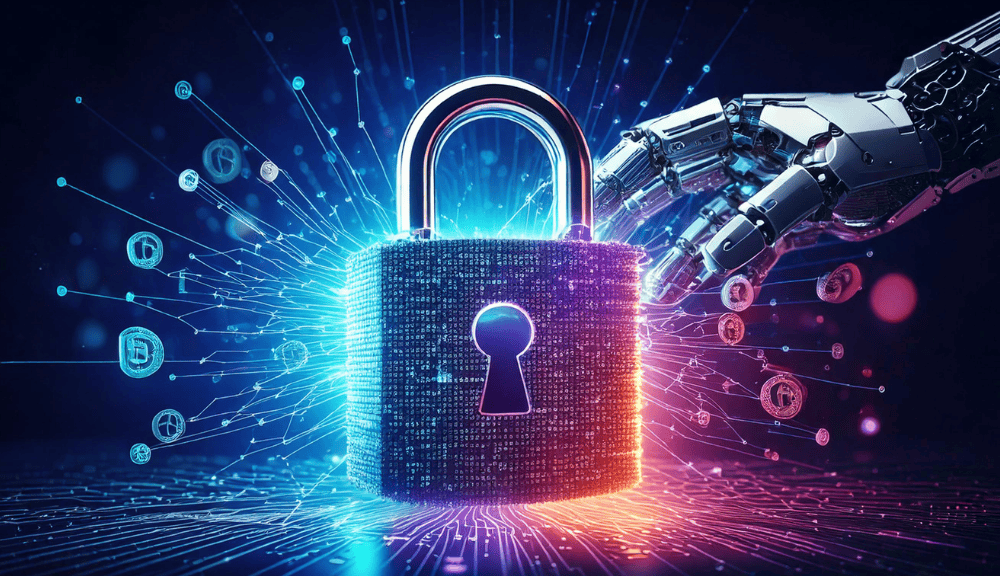 Robotic hand and digital padlock, cybersecurity concept.