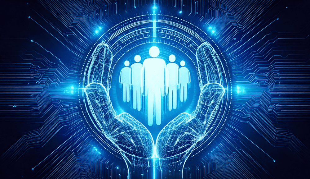 Digital network hands protect human figures