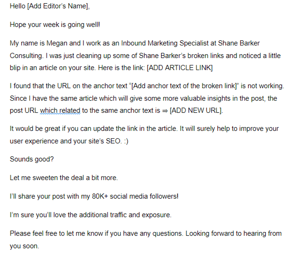 Backlinking Tactic Broken Link Email Example