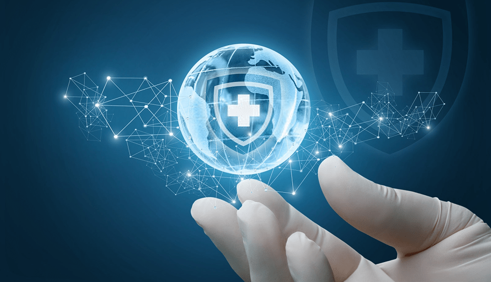 Gloved hand holding digital health symbol.