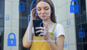 Woman using phone with security lock icons.