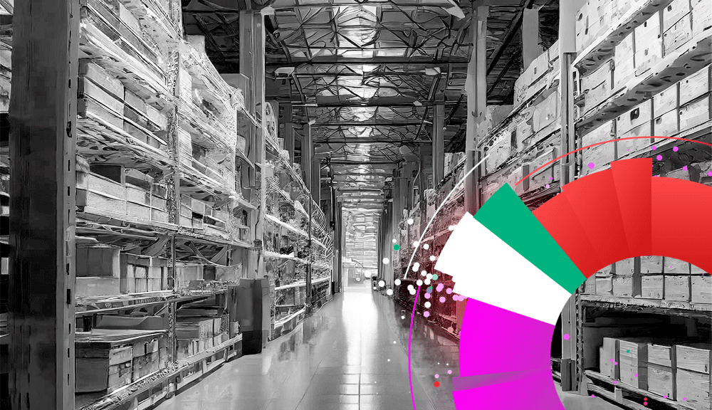 Warehouse aisle with storage shelves and color chart.