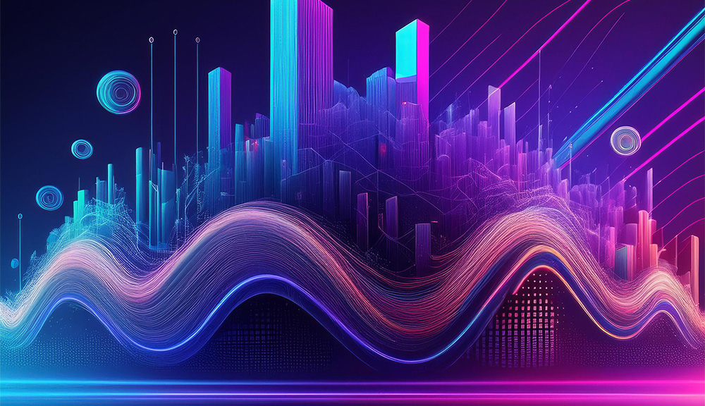Futuristic cityscape with neon lights and waves.