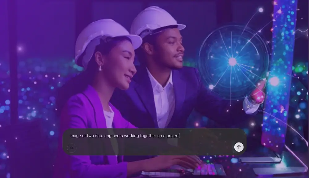 Two engineers collaborating with technology graphics