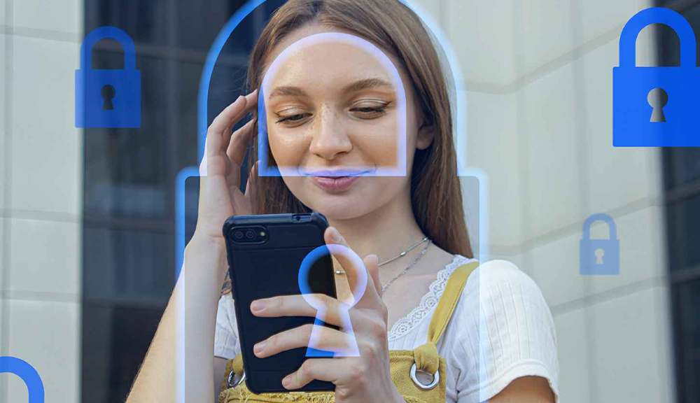 Woman using smartphone with digital security icons.