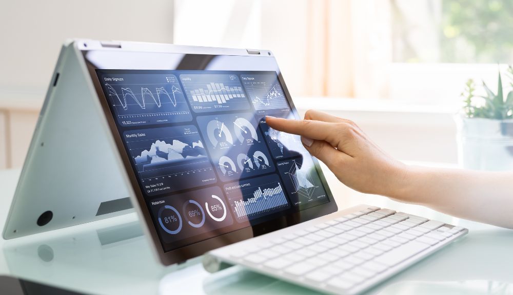 Interactive data dashboard on a tablet screen.