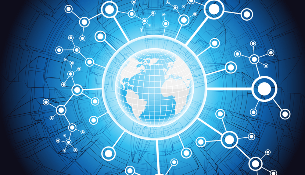 Connected globe with network lines.