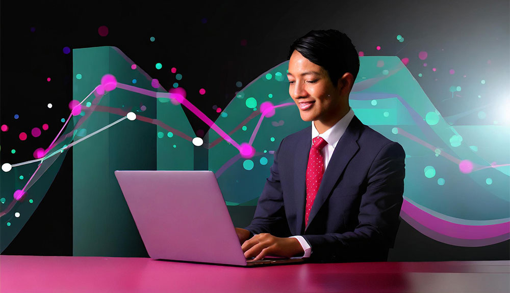 Businessman using laptop with data graphics background.