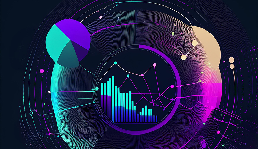 Abstract data visualization with charts and graphs.