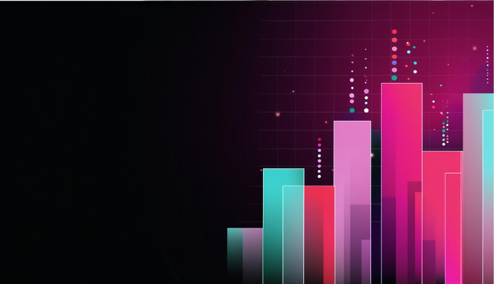Colorful bar graph against dark background with data points.