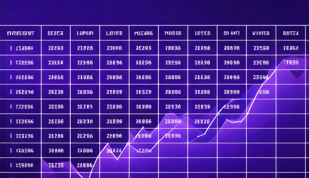 Purple financial data chart with upward trend.