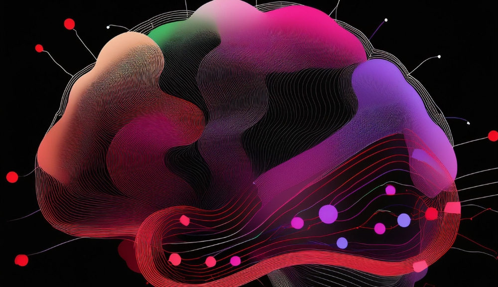 Colorful abstract brain art on black background.