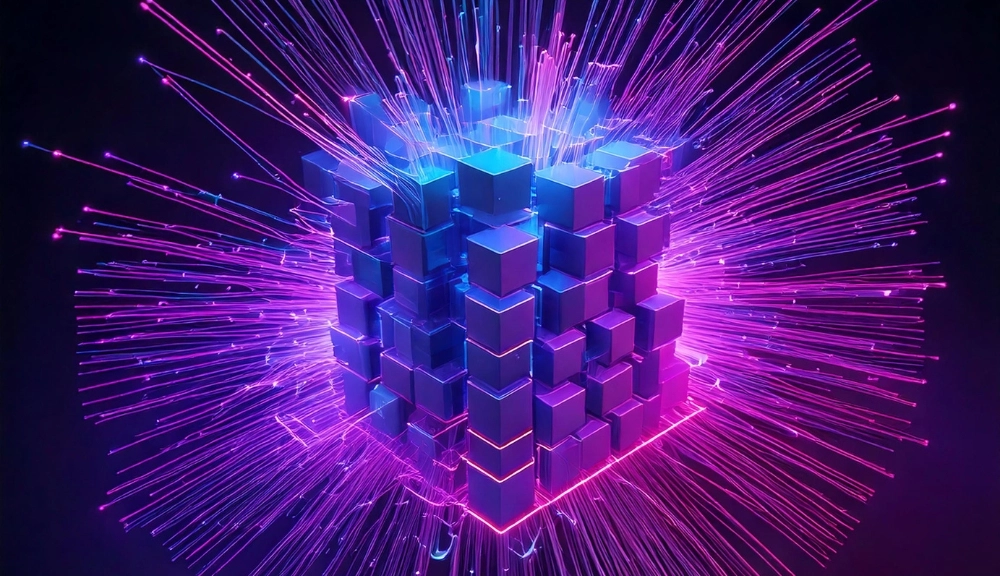 Futuristic digital cube with neon light bursts