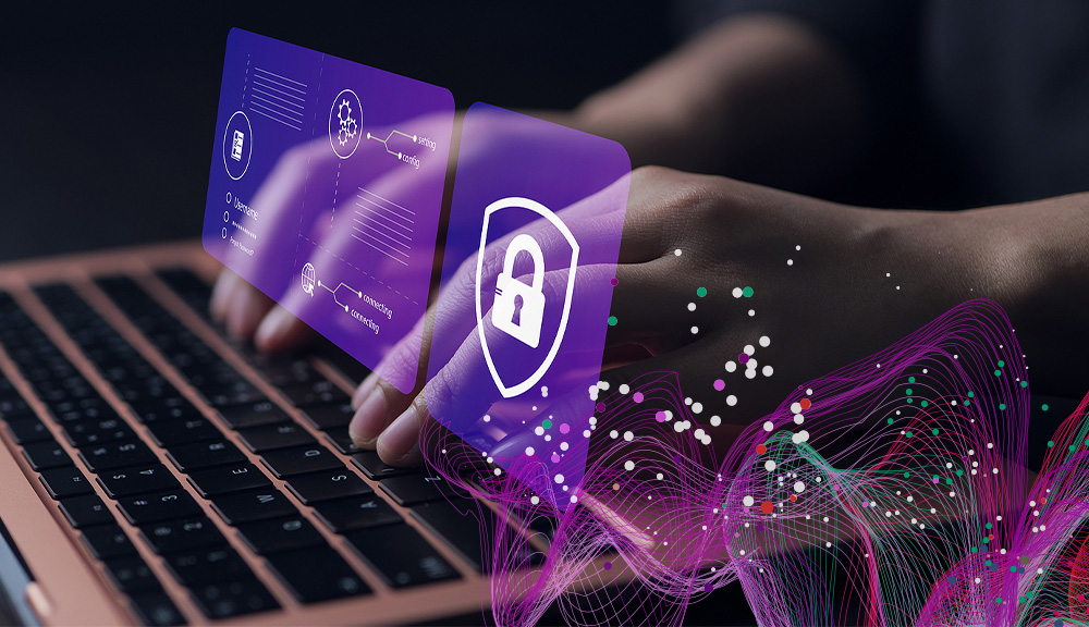 Hands typing with digital security icons overlay.