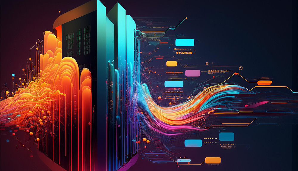 Colorful data flow from server to digital interfaces