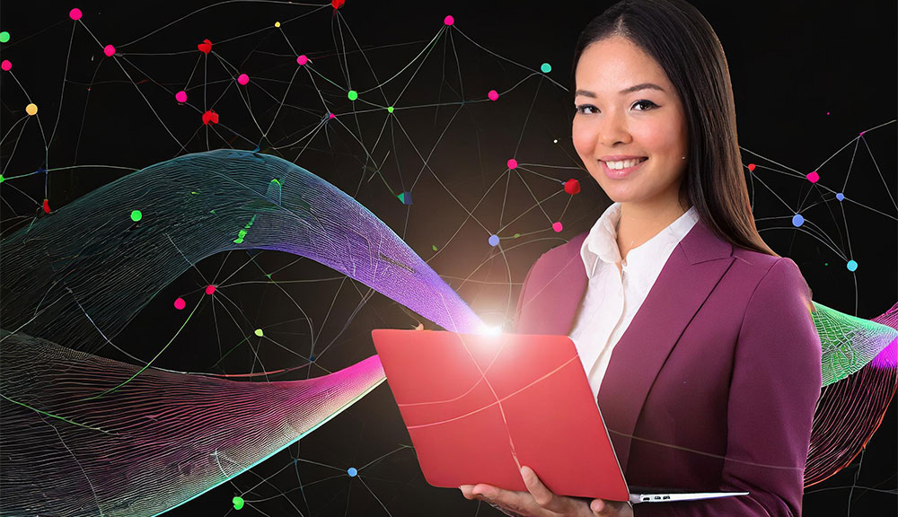 Woman using laptop with digital network background
