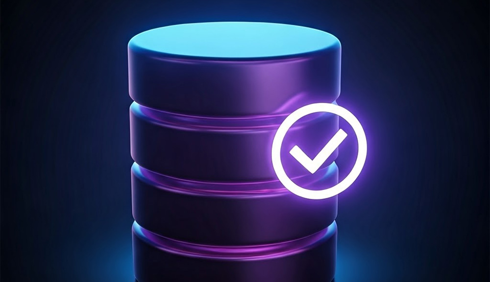 Database with a checkmark icon, glowing effect