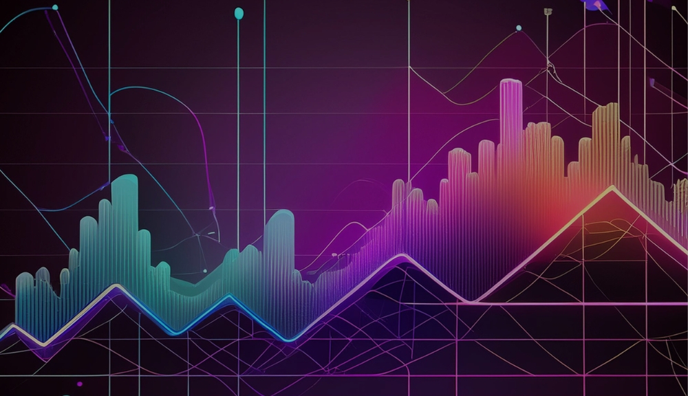 Colorful bar and line graph on dark background.
