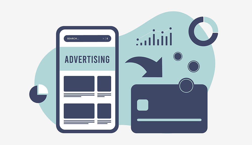 Mobile advertising, charts, and credit card illustration.