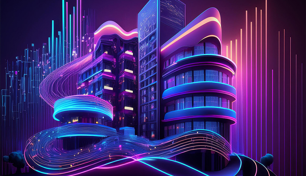 Futuristic neon-lit building with colorful digital effects.