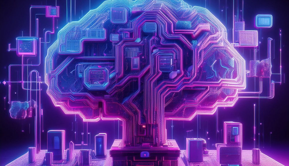 Futuristic glowing digital brain with circuit connections.