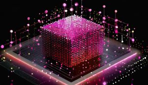 Digital abstract of a glowing cube on a chip.