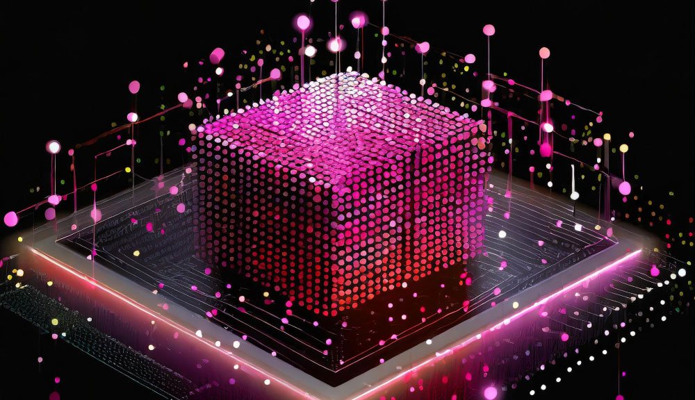 Digital abstract of a glowing cube on a chip.