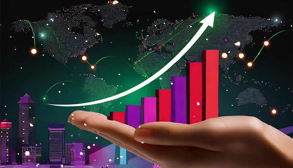 Rising bar graph in hand with world map