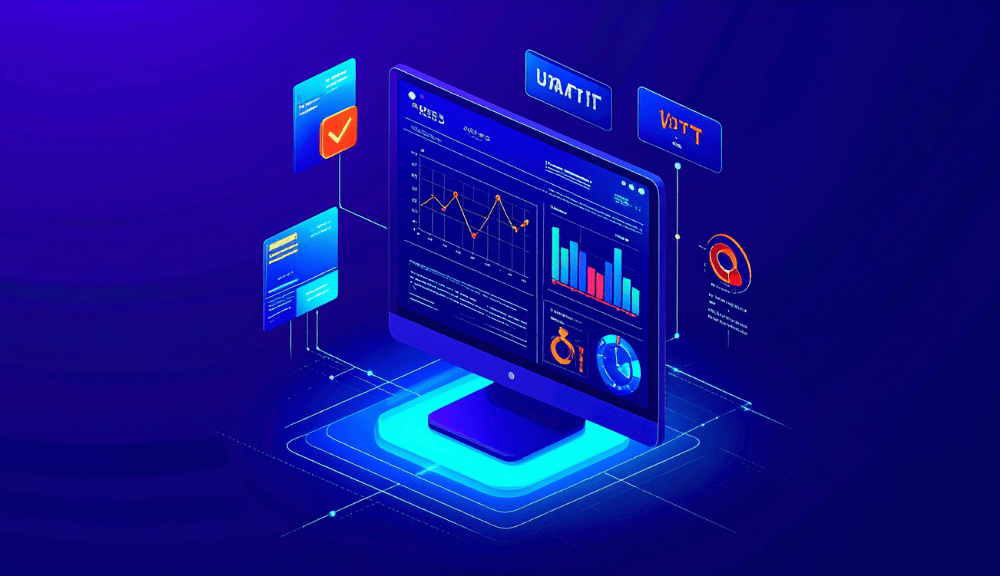 Futuristic computer interface with data graphs and charts.