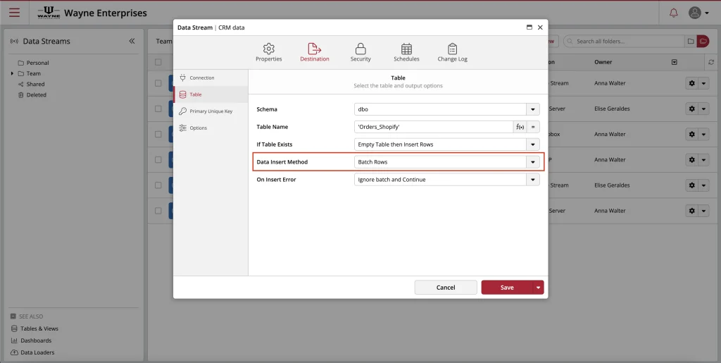 Data stream settings for table insert method.