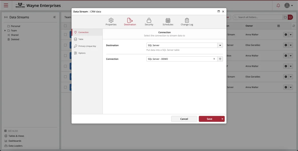 SQL Server data stream configuration interface