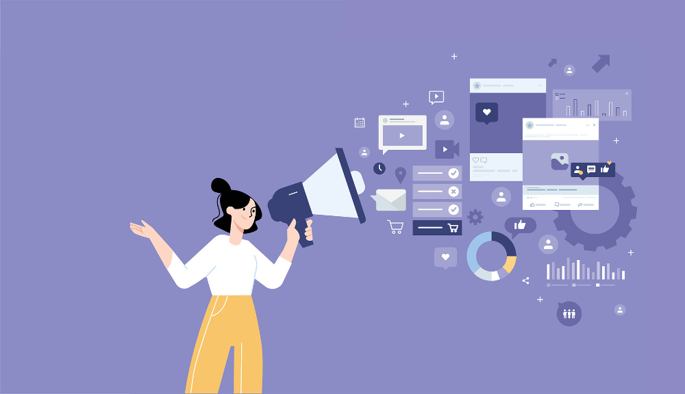 graphic of a woman with a speaker and marketing dashboards