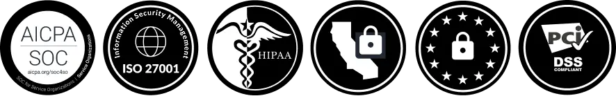 Compliance logos: AICPA, ISO 27001, HIPAA, PCI DSS