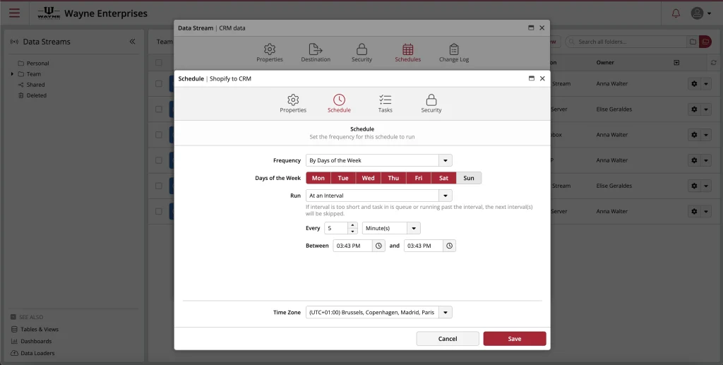 CRM schedule settings for automatic Shopify data sync.