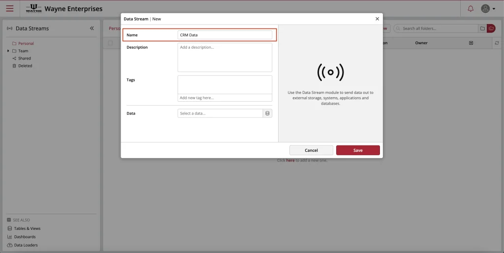 CRM data stream creation interface screenshot