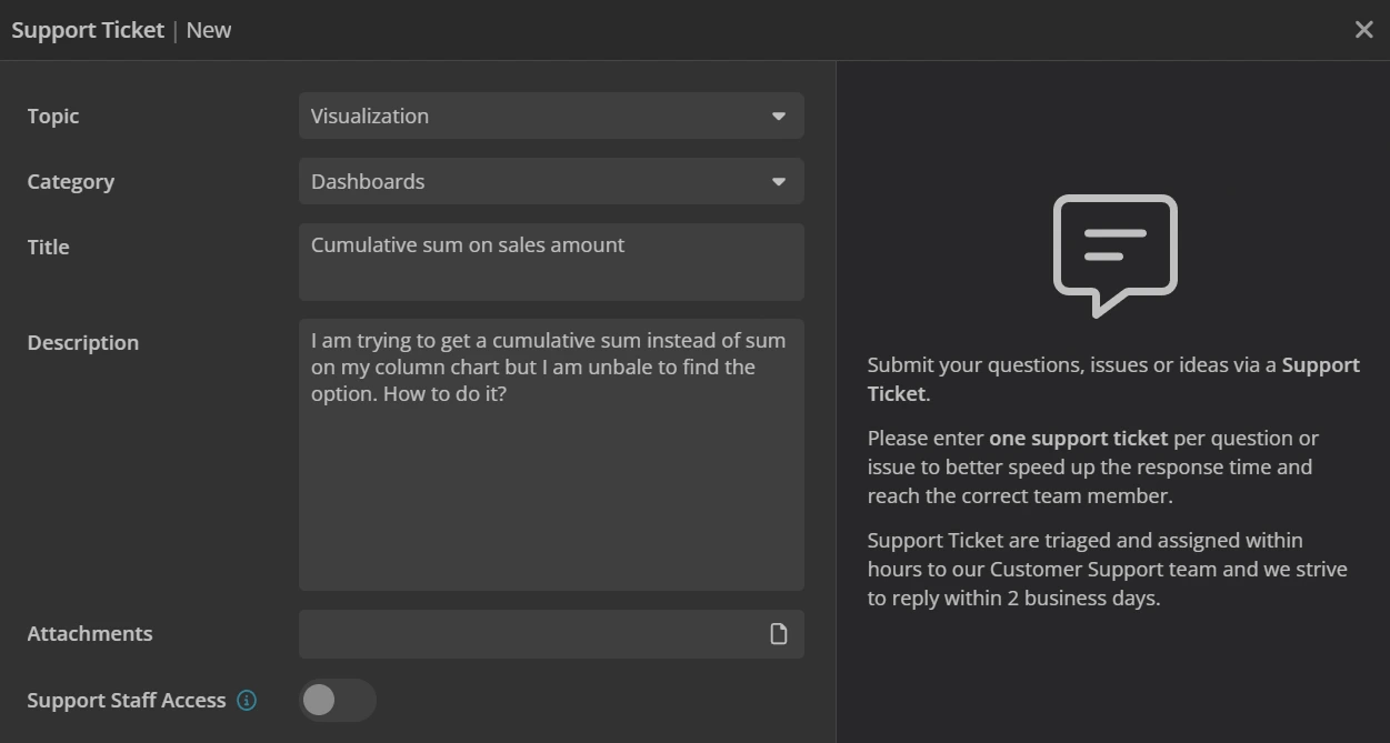Support ticket form for cumulative sum report issue.