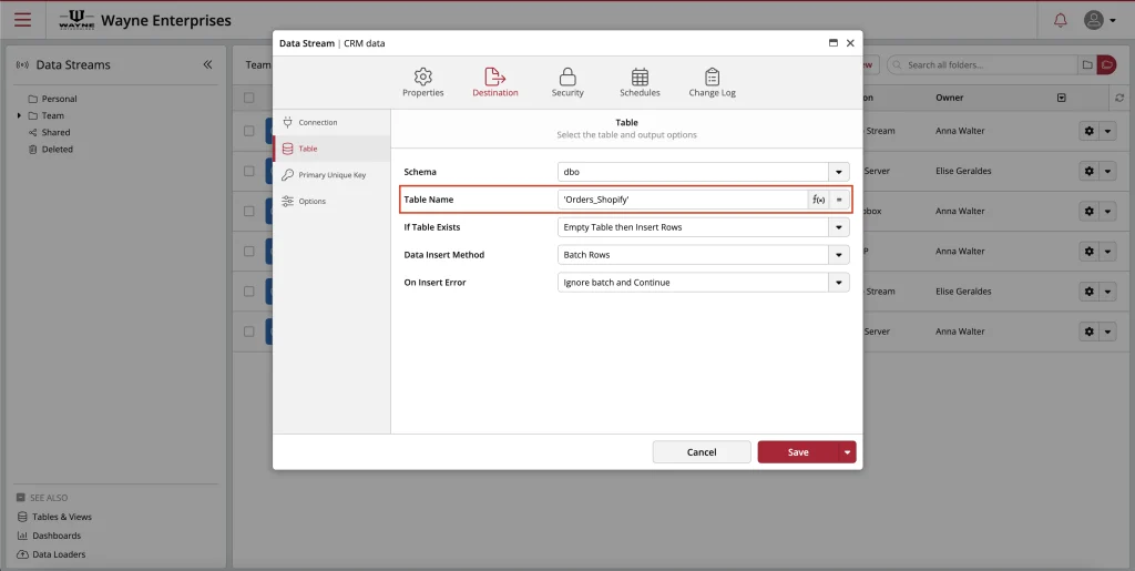 CRM data stream setup interface screenshot