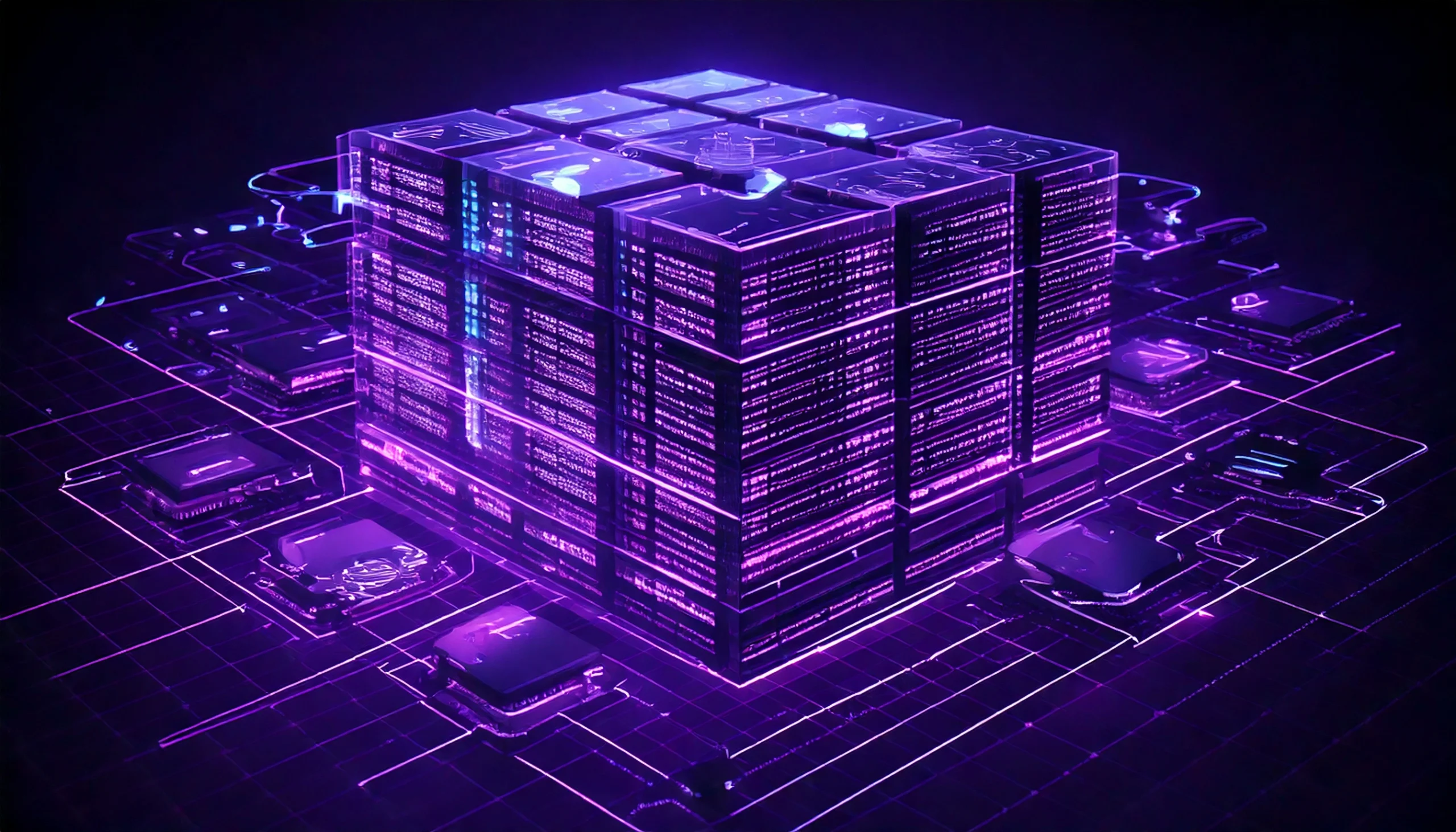 Futuristic digital cube with neon purple glow.