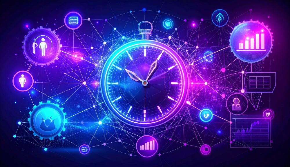 Digital stopwatch with network and data icons