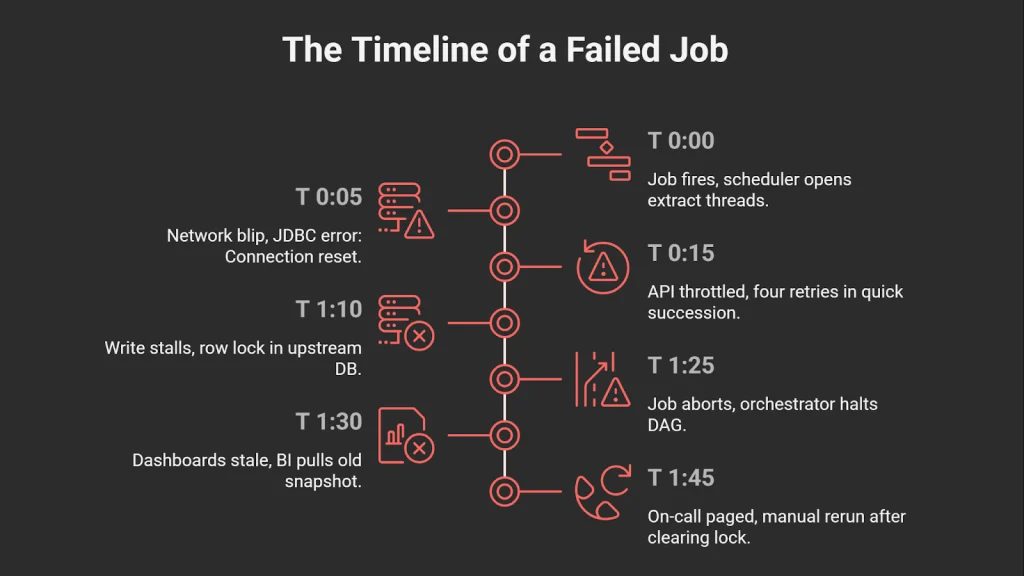 Timeline showing steps of a failed job process.