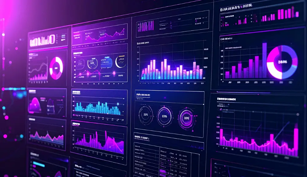 Colorful dashboard with various data charts and graphs.