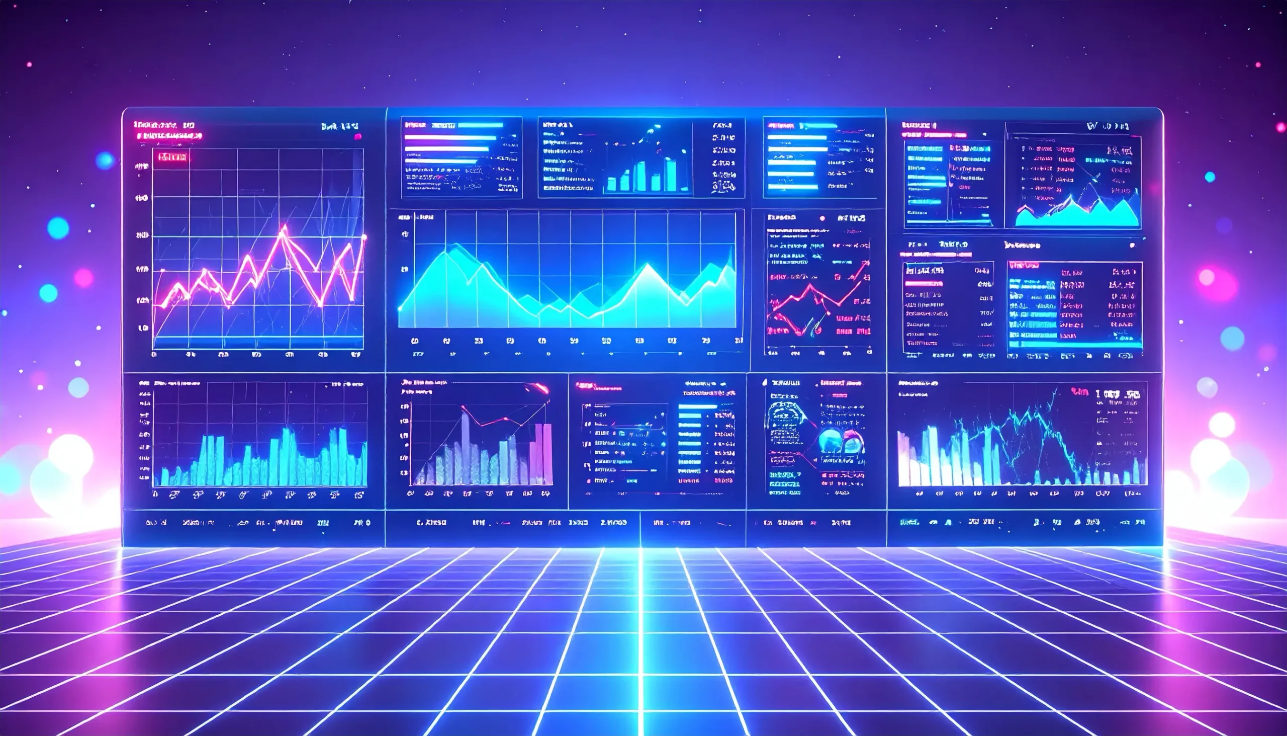 Futuristic data dashboard with graphs and charts.