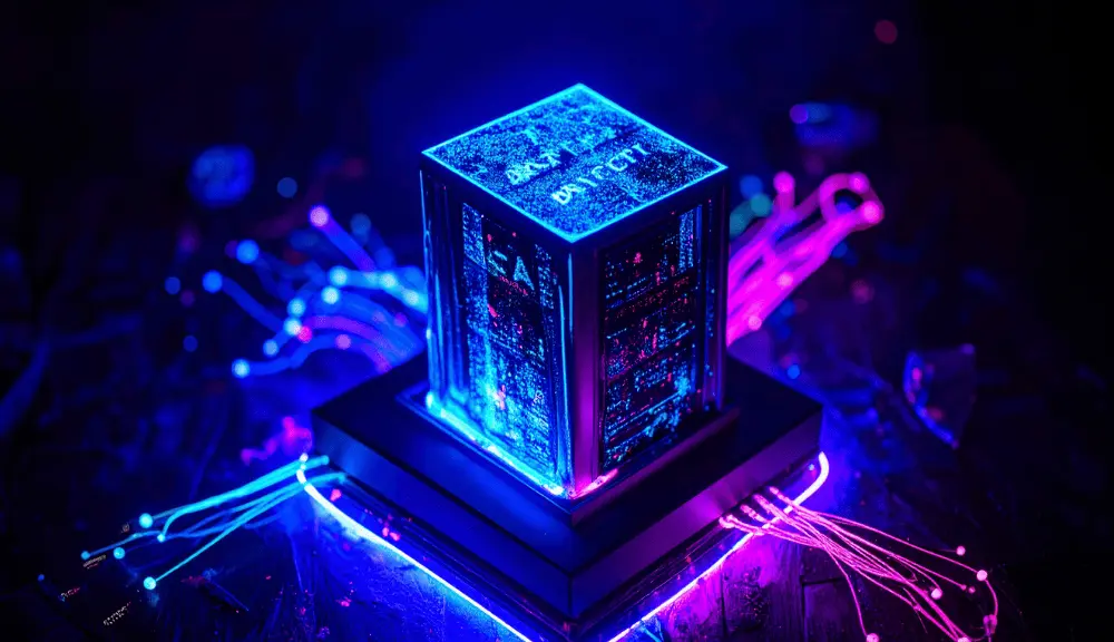 Futuristic glowing cube with circuit patterns.