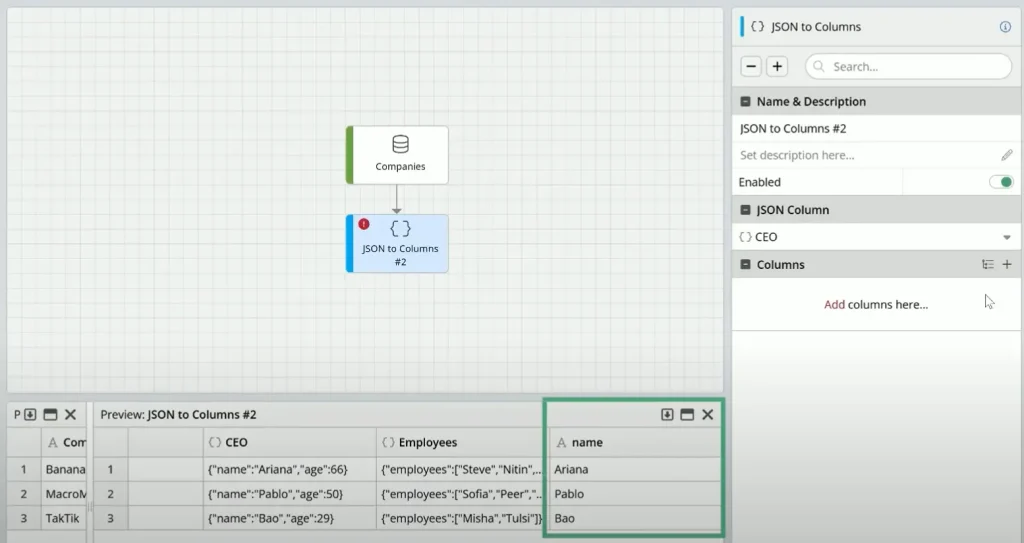 Data transformation from JSON to columns interface
