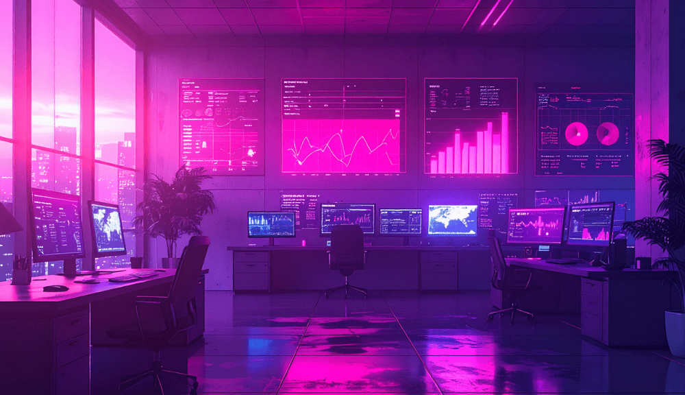 Futuristic office with pink neon data screens
