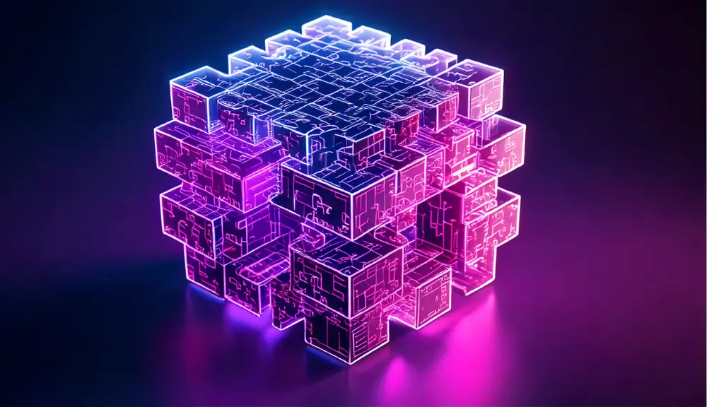 Glowing neon cube with circuit patterns.