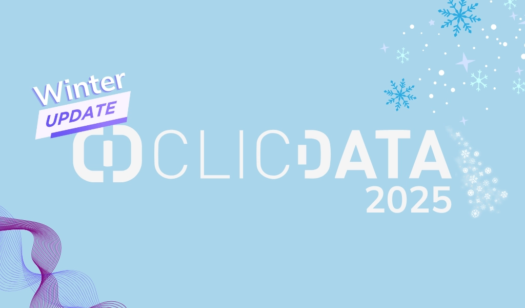 ClicData 2025 Thème de la mise à jour hivernale avec des flocons de neige.